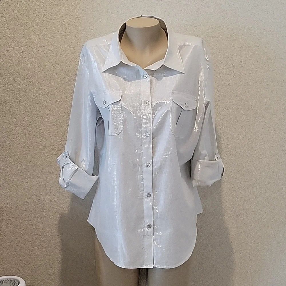 silver metallic pockets roll tab sleeves blouse 18 - Picture 3 of 10